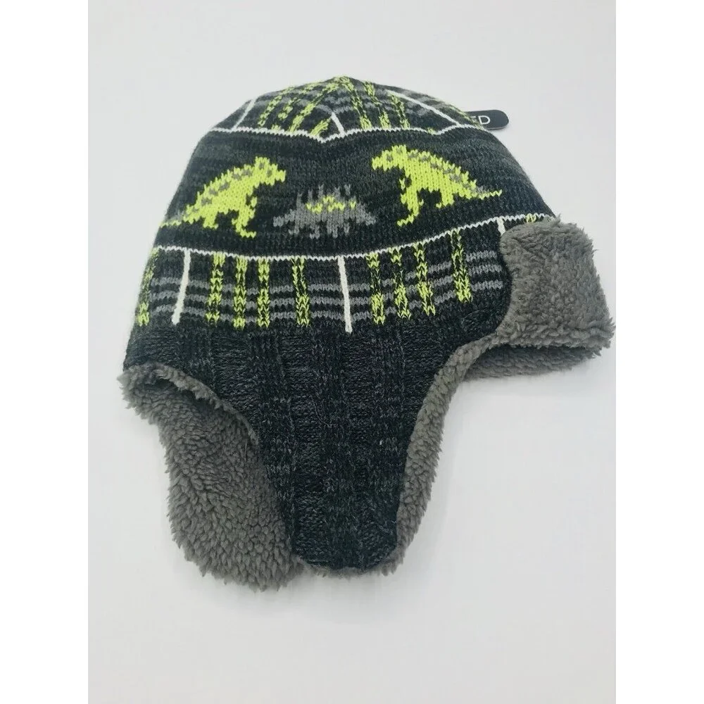 Cold Front Beanie Hat Boys Size 4-7 Dinosaur Faux Fur Gray Green‎ Ear Flap